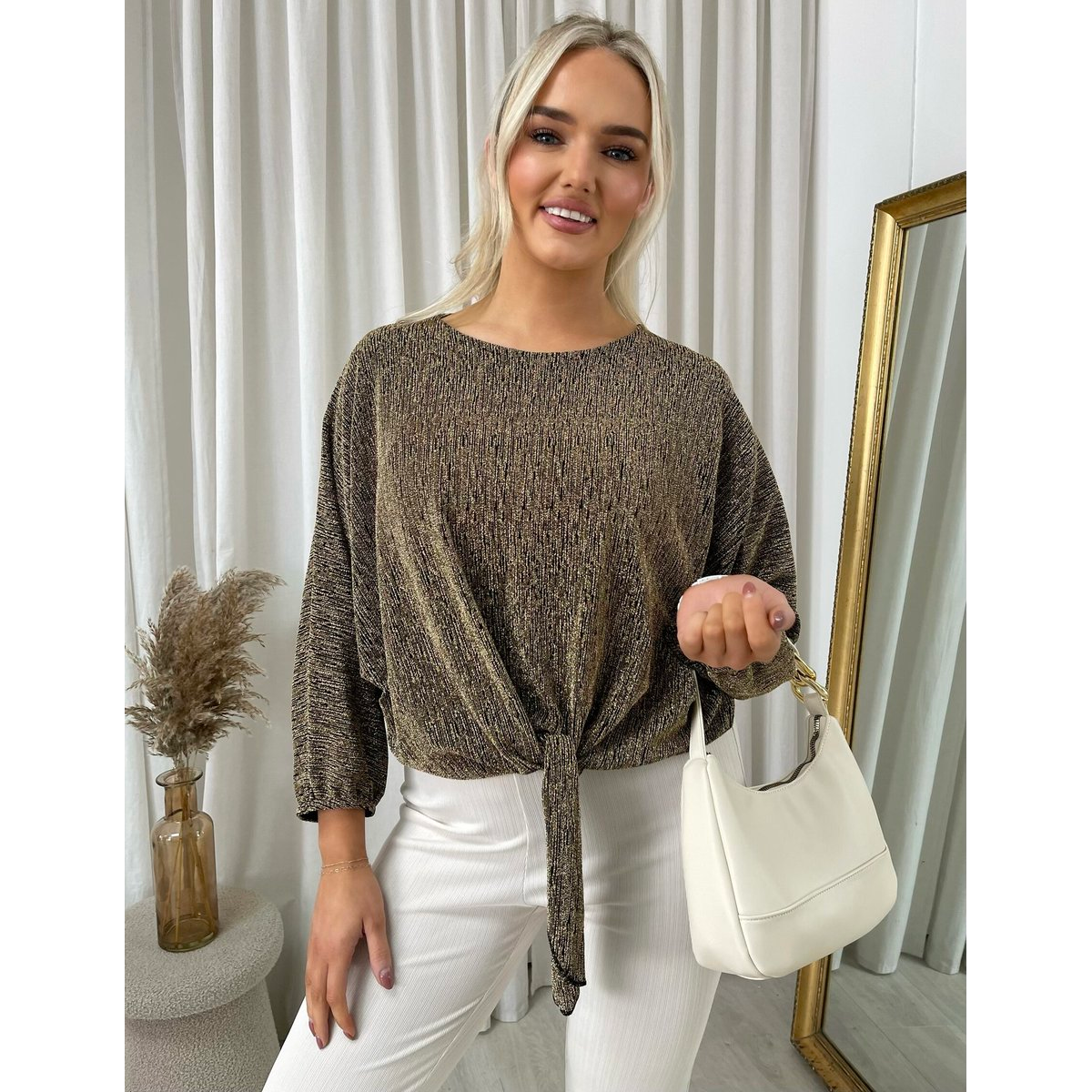 Shimmer Long Sleeve Tie Front Top