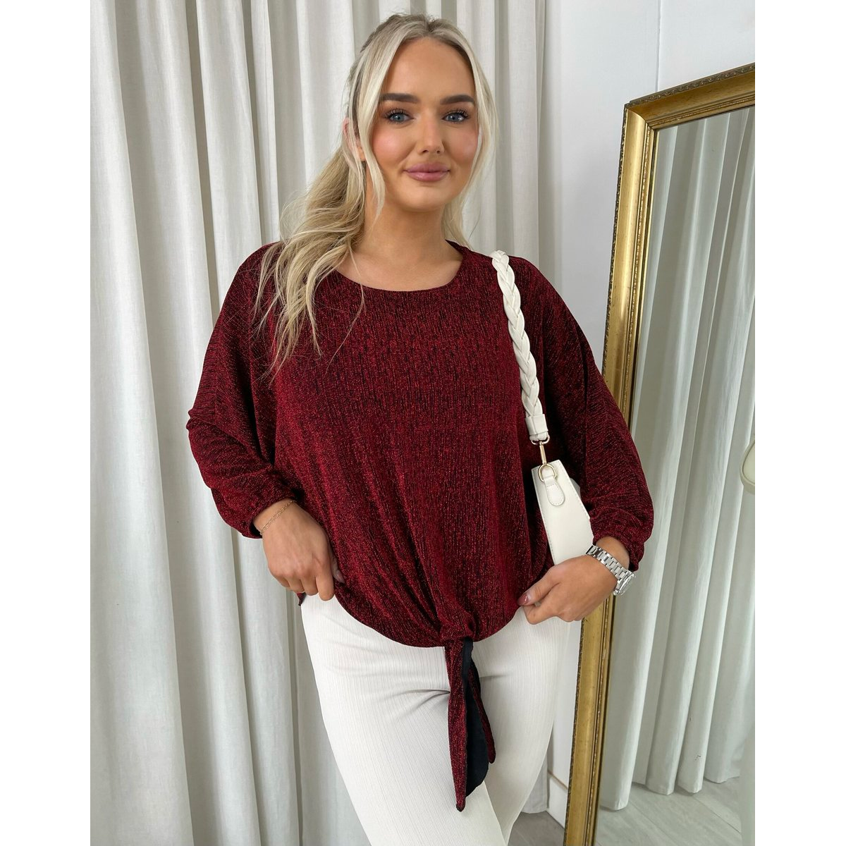 Shimmer Long Sleeve Tie Front Top