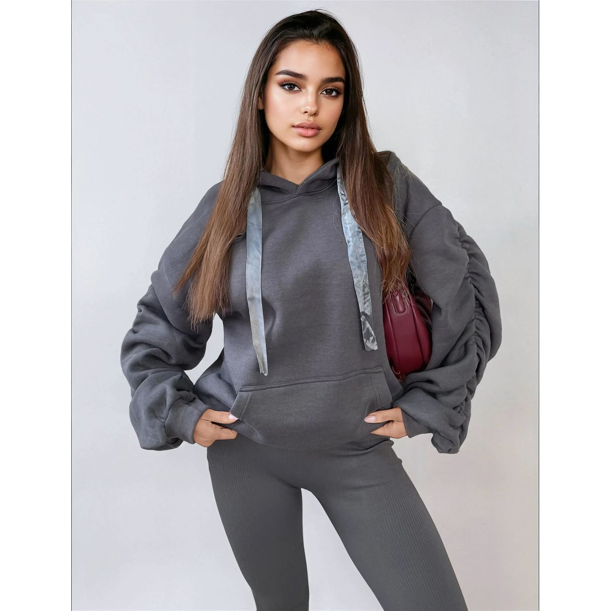 Ruched Sleeve Oversized Hoodie with Front Pouch Pocket
