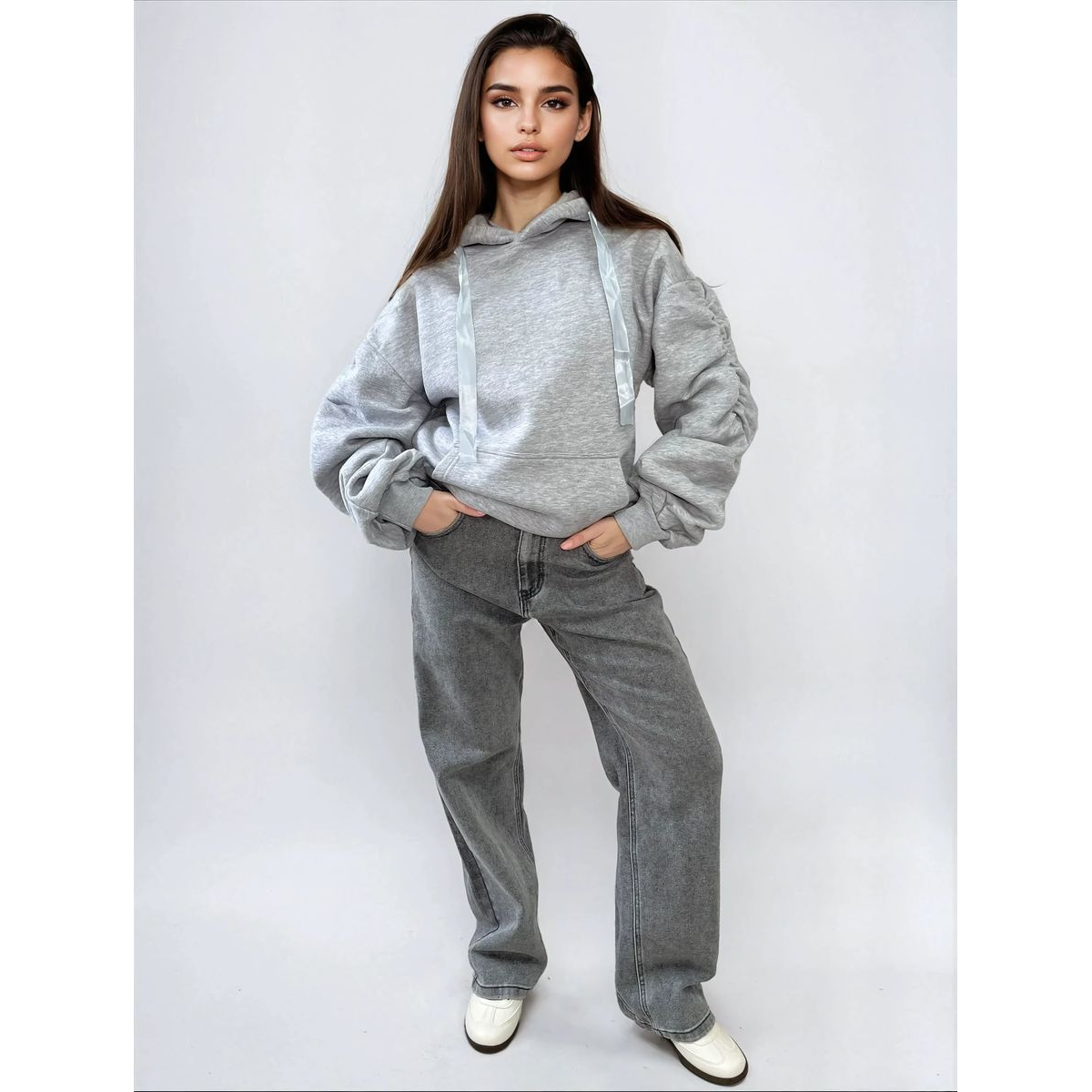 Ruched Sleeve Oversized Hoodie with Front Pouch Pocket