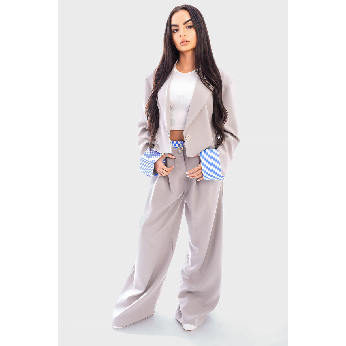 Long Sleeve Cropped Blazer Top And Straight Leg Trouser Co-ord Set