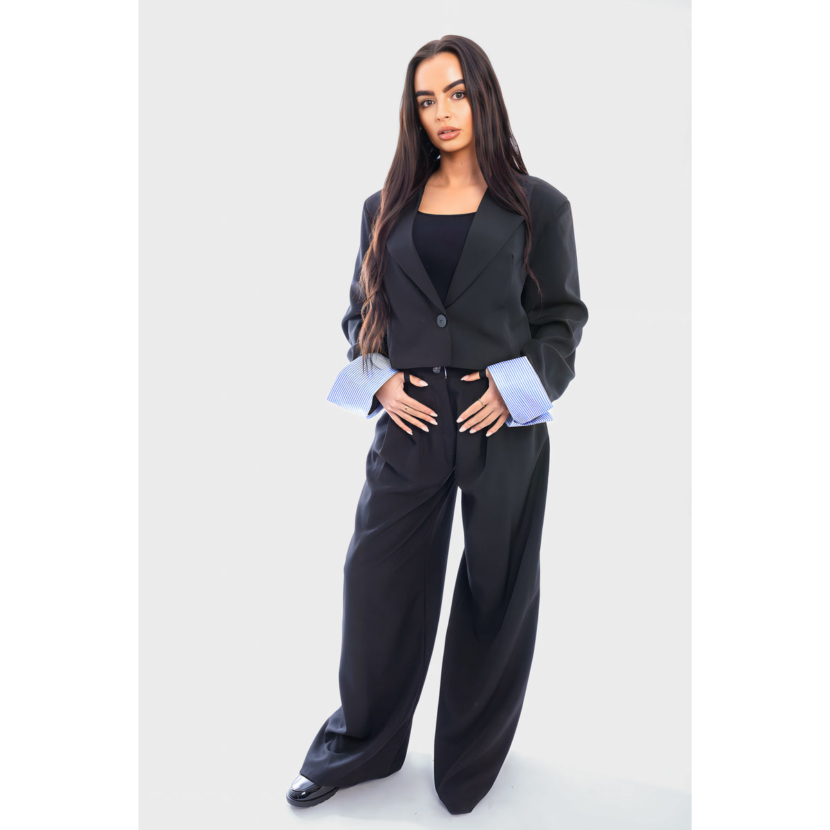 Long Sleeve Cropped Blazer Top And Straight Leg Trouser Co-ord Set