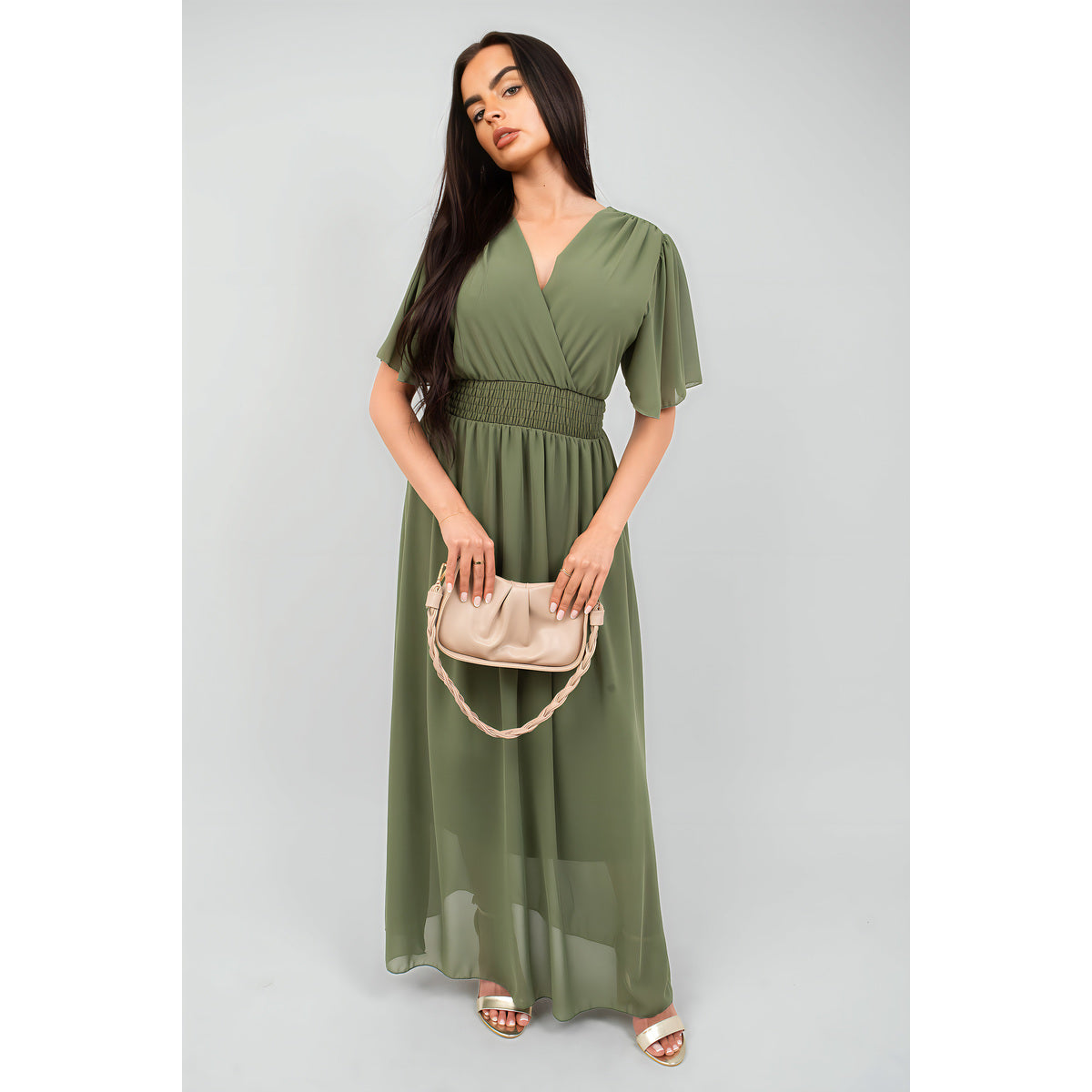 Smocked Waist V Neck Short Sleeve Flowy Maxi Dress