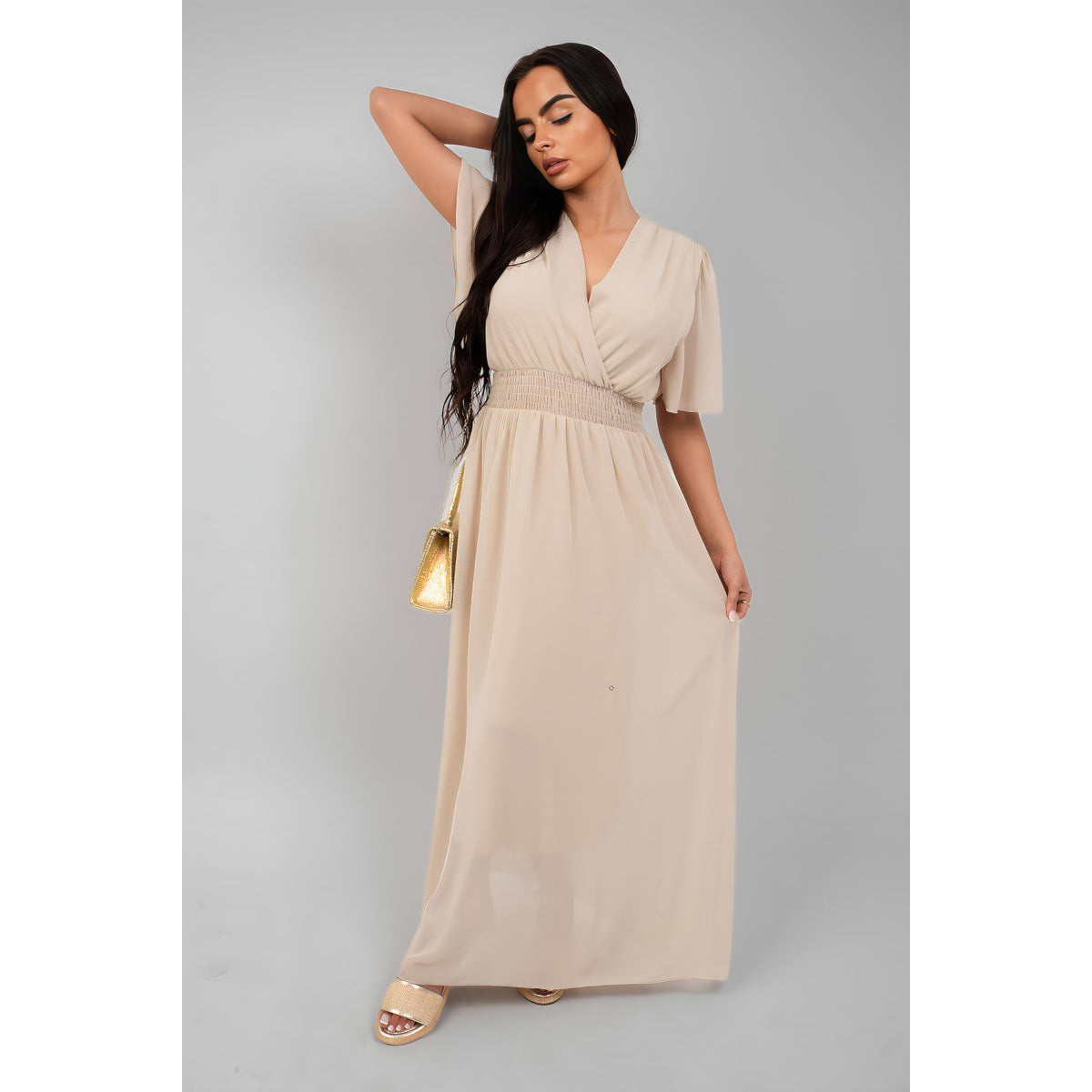 Smocked Waist V Neck Short Sleeve Flowy Maxi Dress