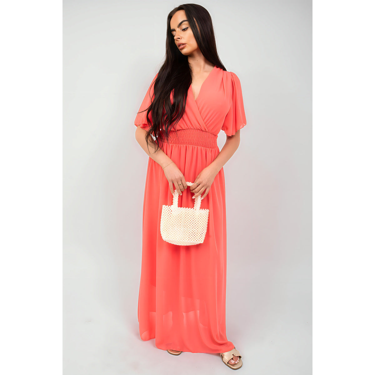 Smocked Waist V Neck Short Sleeve Flowy Maxi Dress