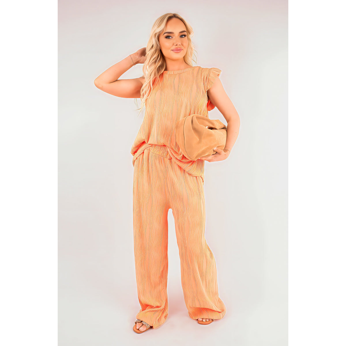 Textured Frill Sleeve Top & Wide Leg Trouser Co-ord Set