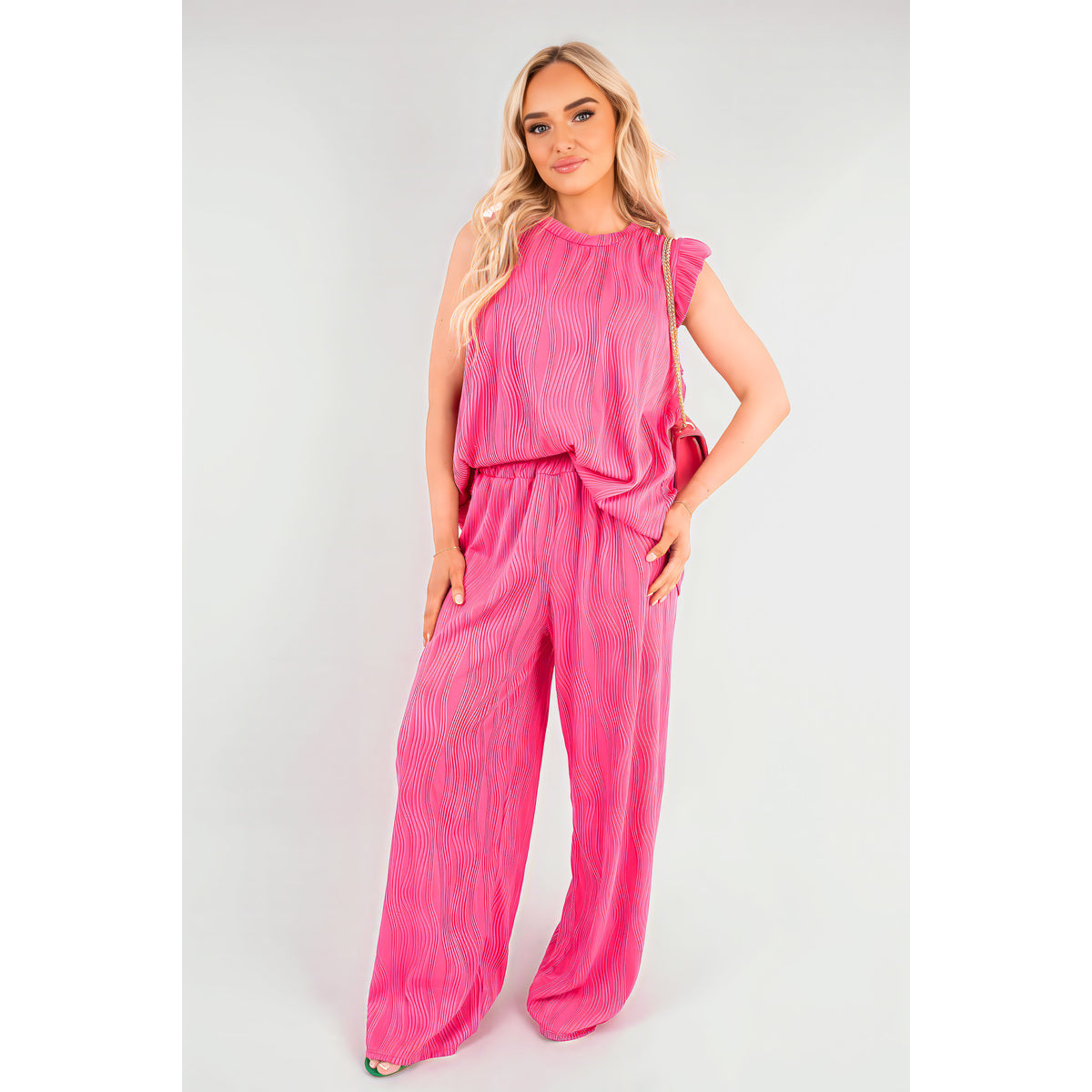 Textured Frill Sleeve Top & Wide Leg Trouser Co-ord Set