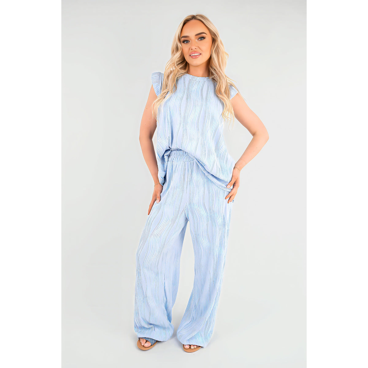 Textured Frill Sleeve Top & Wide Leg Trouser Co-ord Set