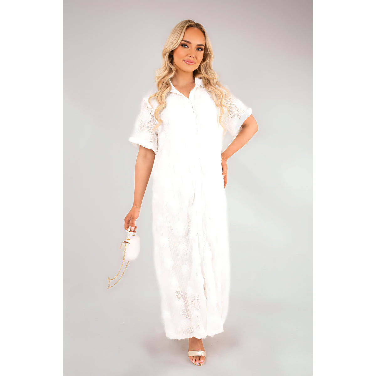 Collared Short Sleeve Sheer Maxi Shirt Dress with Textured Detail