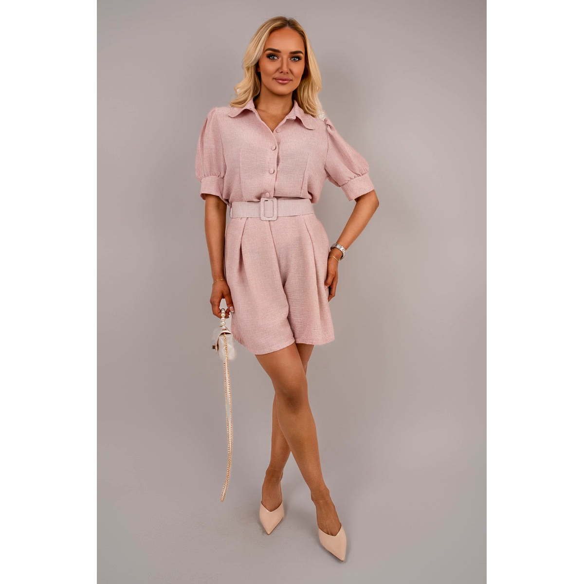 Collared Short Sleeve Playsuit with Belted Waist