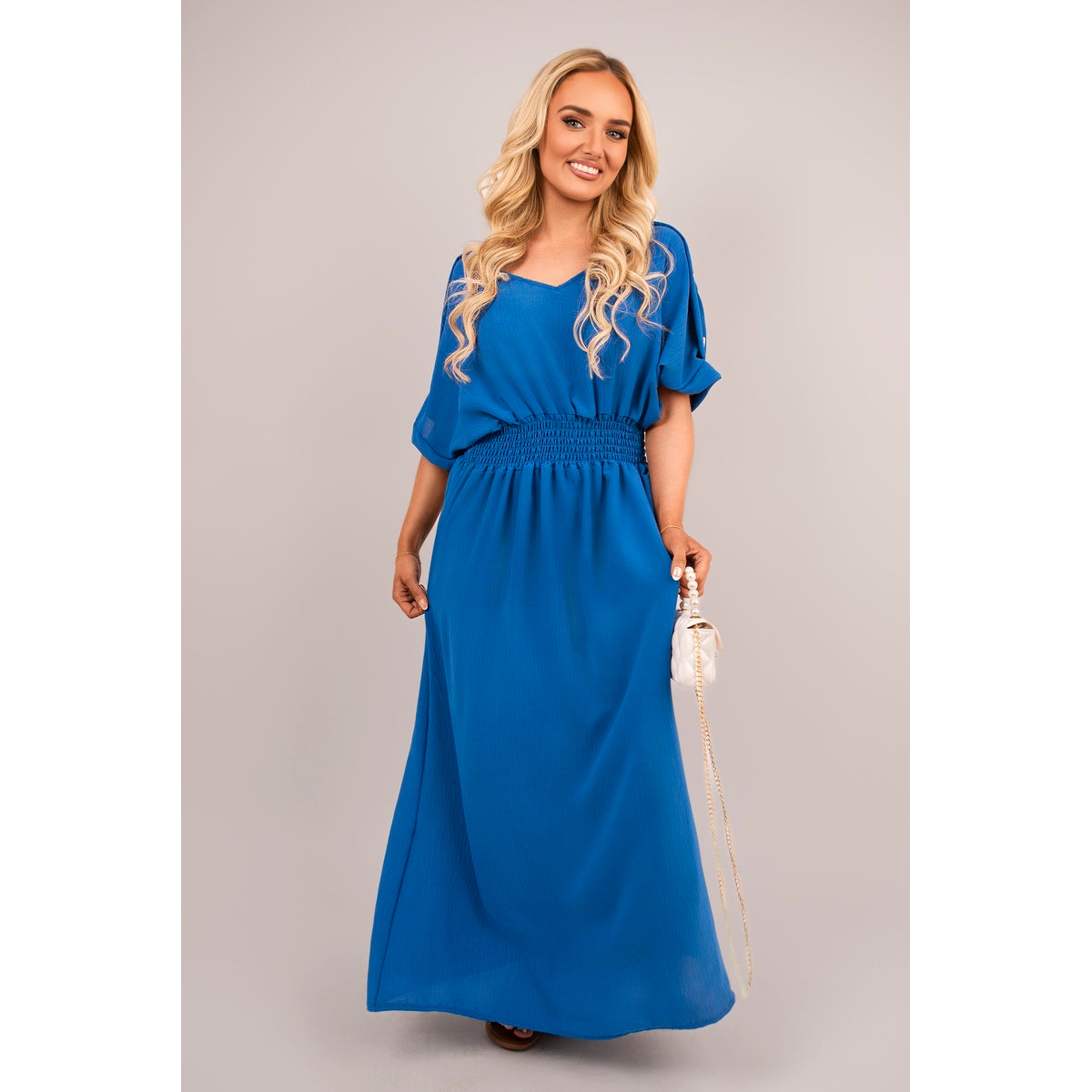 V Neck Short Sleeve Maxi Dress with Button Detail