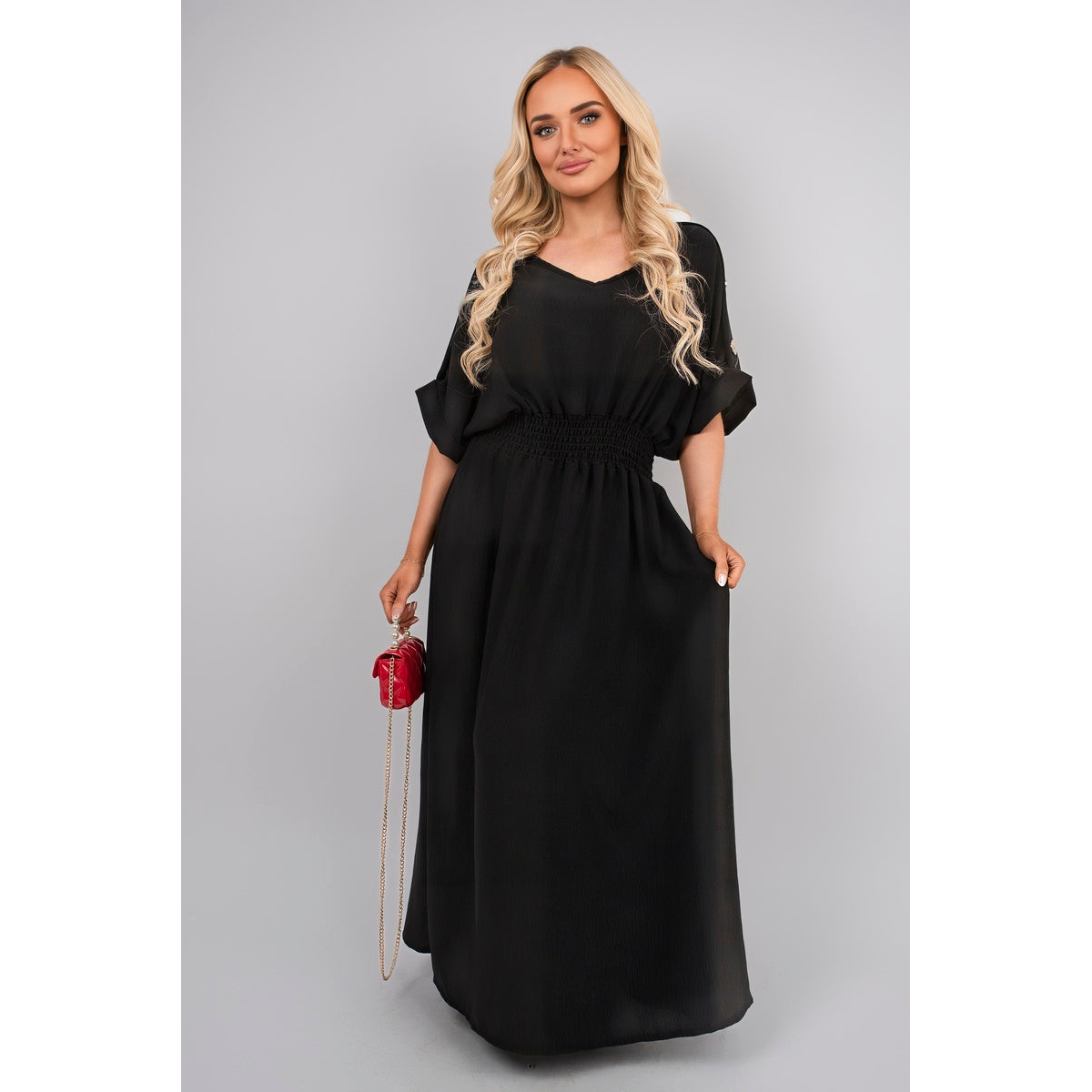 V Neck Short Sleeve Maxi Dress with Button Detail