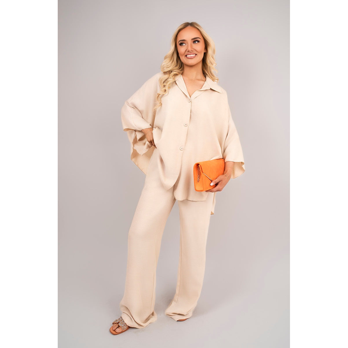 Button Down Long Sleeve Shirt and Wide Leg Trousers Co-ord Set