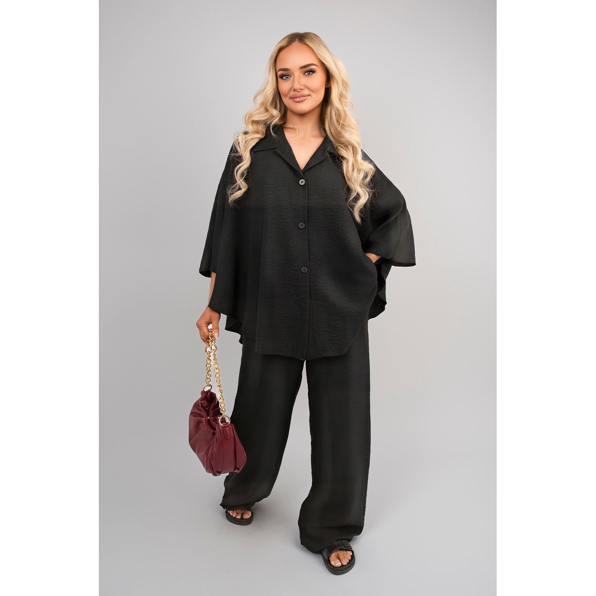 Button Down Long Sleeve Shirt and Wide Leg Trousers Co-ord Set