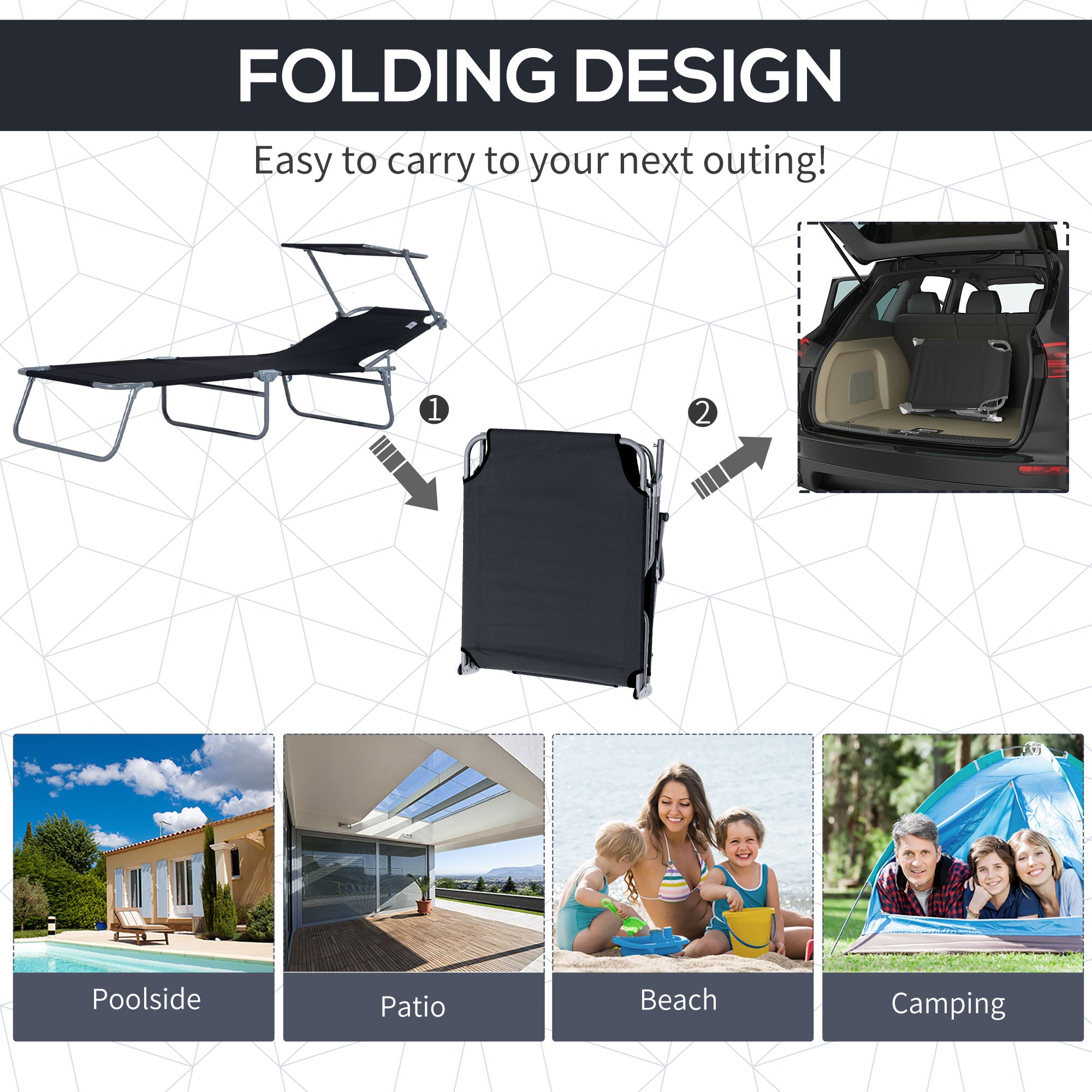 Reclining Chair Folding Lounger Seat Sun Shade Awning Beach Garden