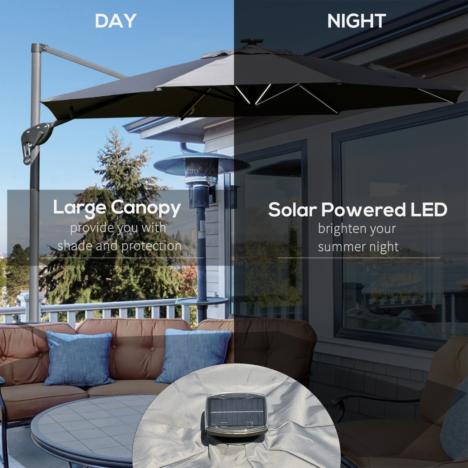 Outsunny 3m Solar LED Cantilever Parasol - Adjustable Garden Umbrella