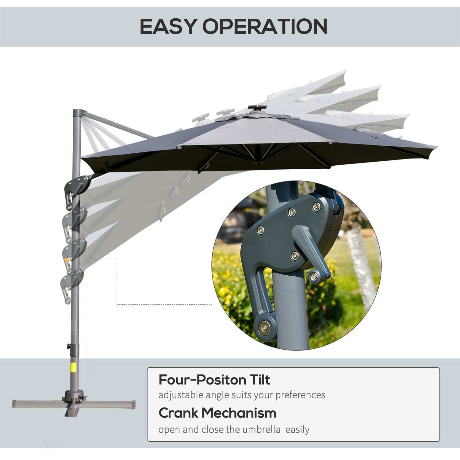 Outsunny 3m Solar LED Cantilever Parasol - Adjustable Garden Umbrella