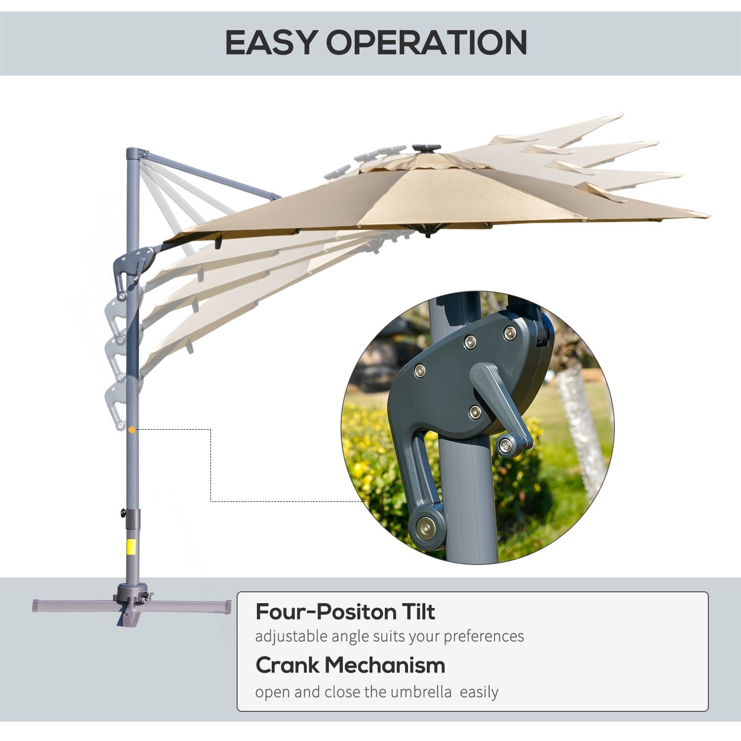 Outsunny 3m Solar LED Cantilever Parasol - Adjustable Garden Umbrella