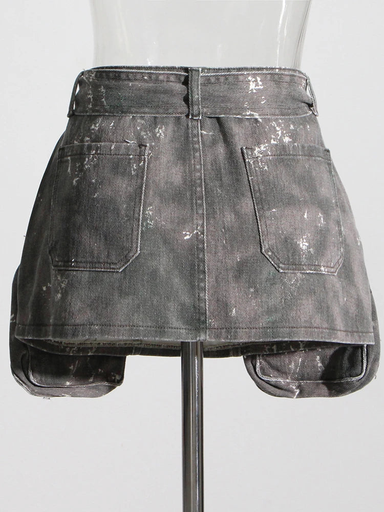 DEAT Women's Distressed Denim Skirt with Lace-Up Belt and Camouflage Design for Spring 2024