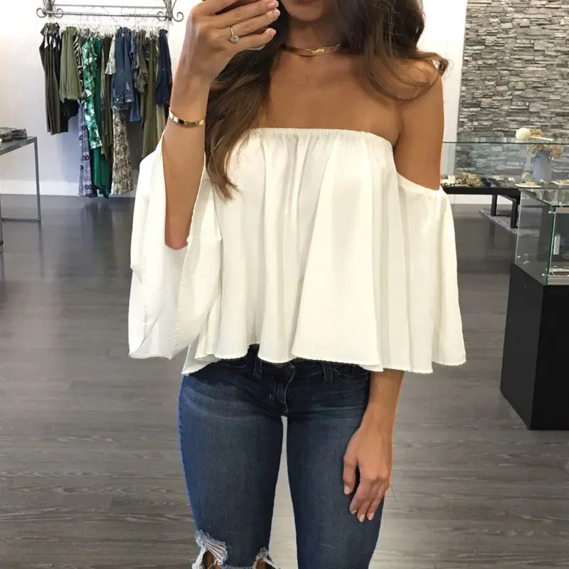 Elegant Off-Shoulder Chiffon Blouse with Wrap Design and 5/4 Sleeve in White & Blue