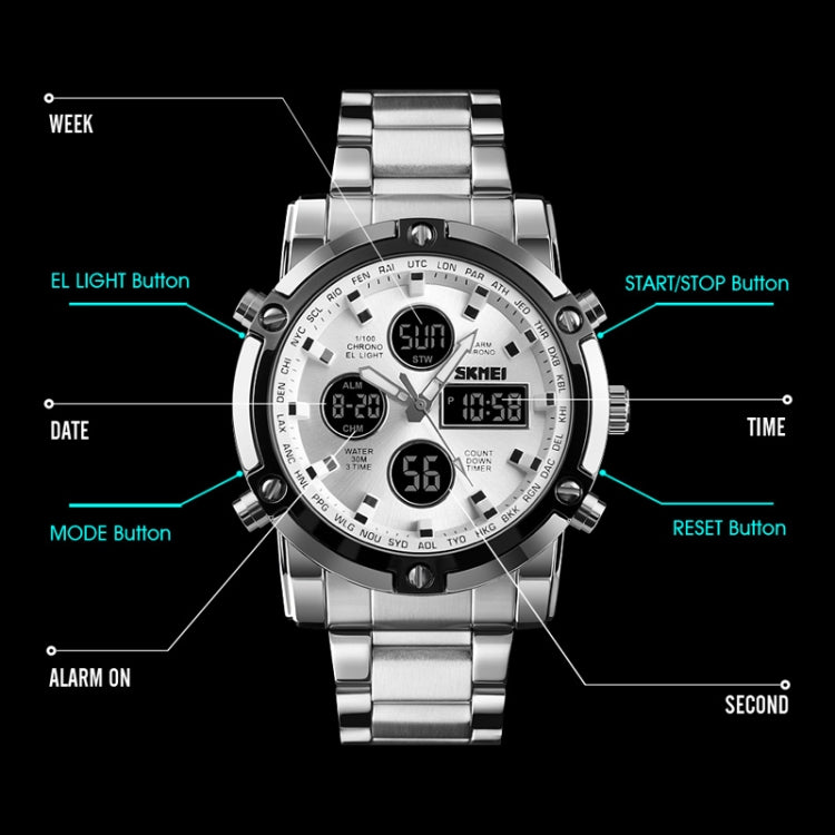 SKMEI 1389 Multifunctional Men Business Digital Watch 30m Waterproof Large Dial Wrist Watch with Stainless Steel Watchband , 1389 Black, 1389 Blue, 1389 Silver
