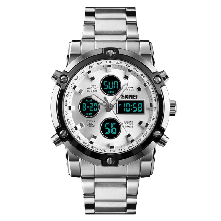 SKMEI 1389 Multifunctional Men Business Digital Watch 30m Waterproof Large Dial Wrist Watch with Stainless Steel Watchband , 1389 Black, 1389 Blue, 1389 Silver