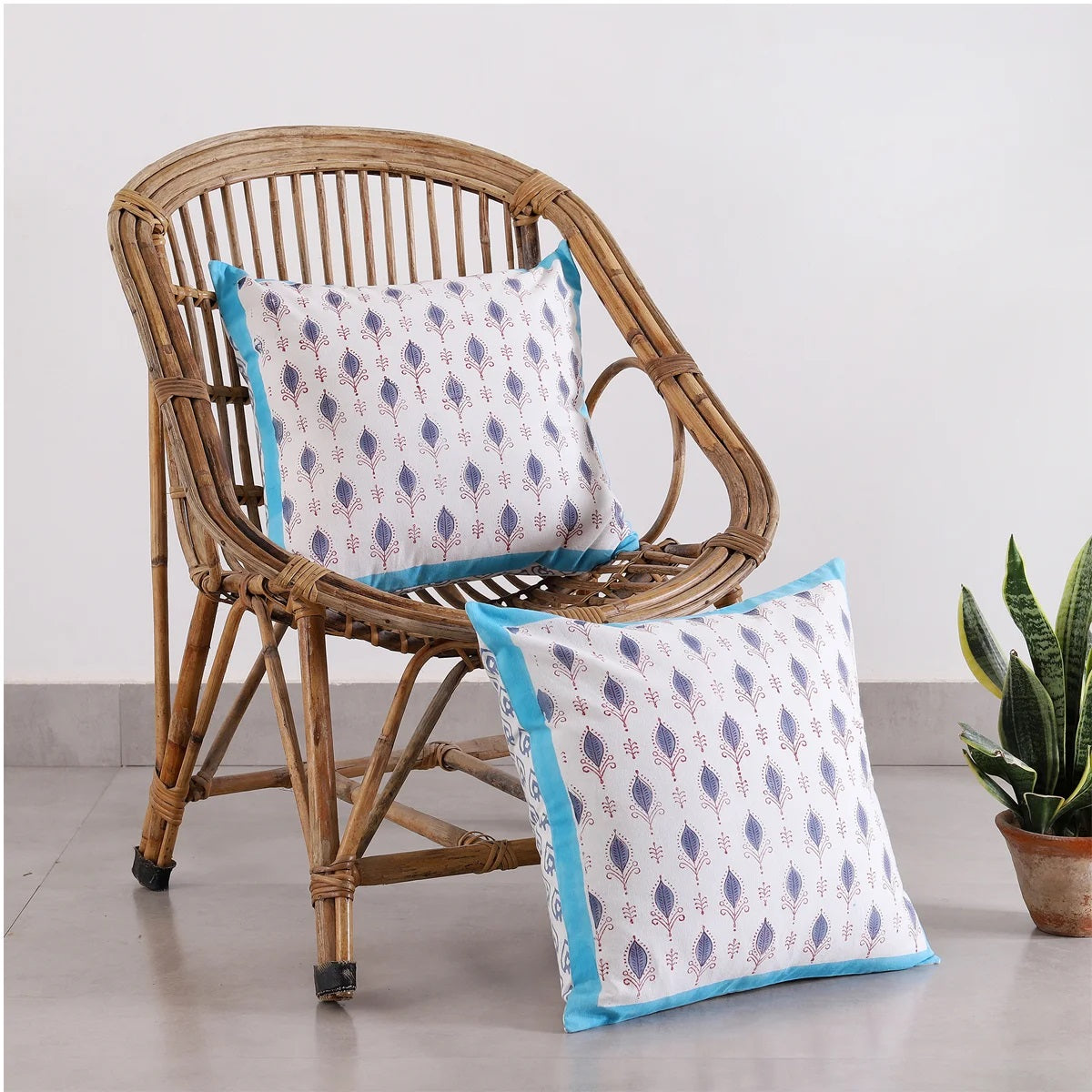 White & Blue Ethnic Motifs Cotton Square Cushion Covers