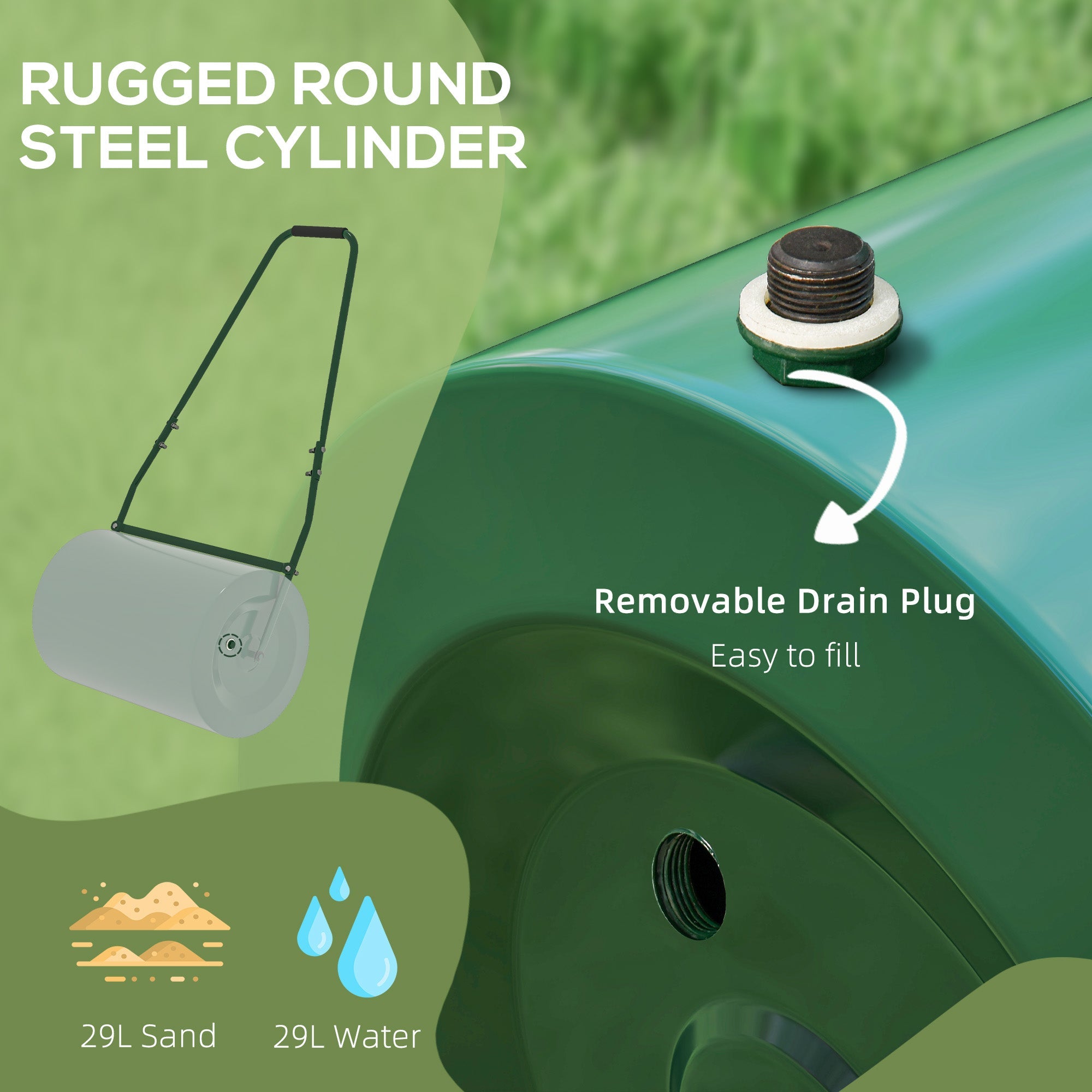 Outsunny 63 L Lawn Roller Large Heavy Duty Metal Sand or Water Filled