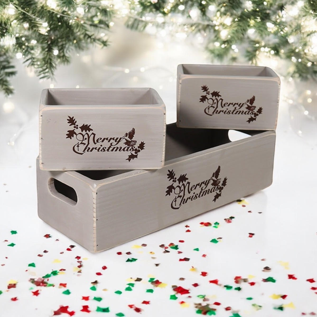 34/15/15CM SET 3 RUSTIC GREY WOODEN BOXES