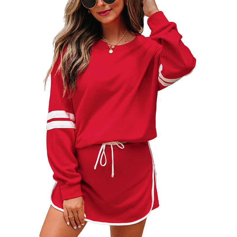 Loose Long Sleeve Women's Versatile Printed Dress Two-piece Set