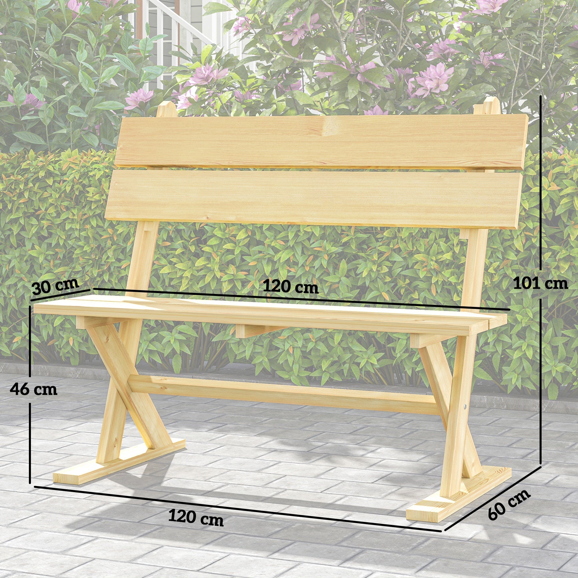 Outsunny 2 Seater Wooden Garden Bench Outdoor Loveseat with Back, Natural