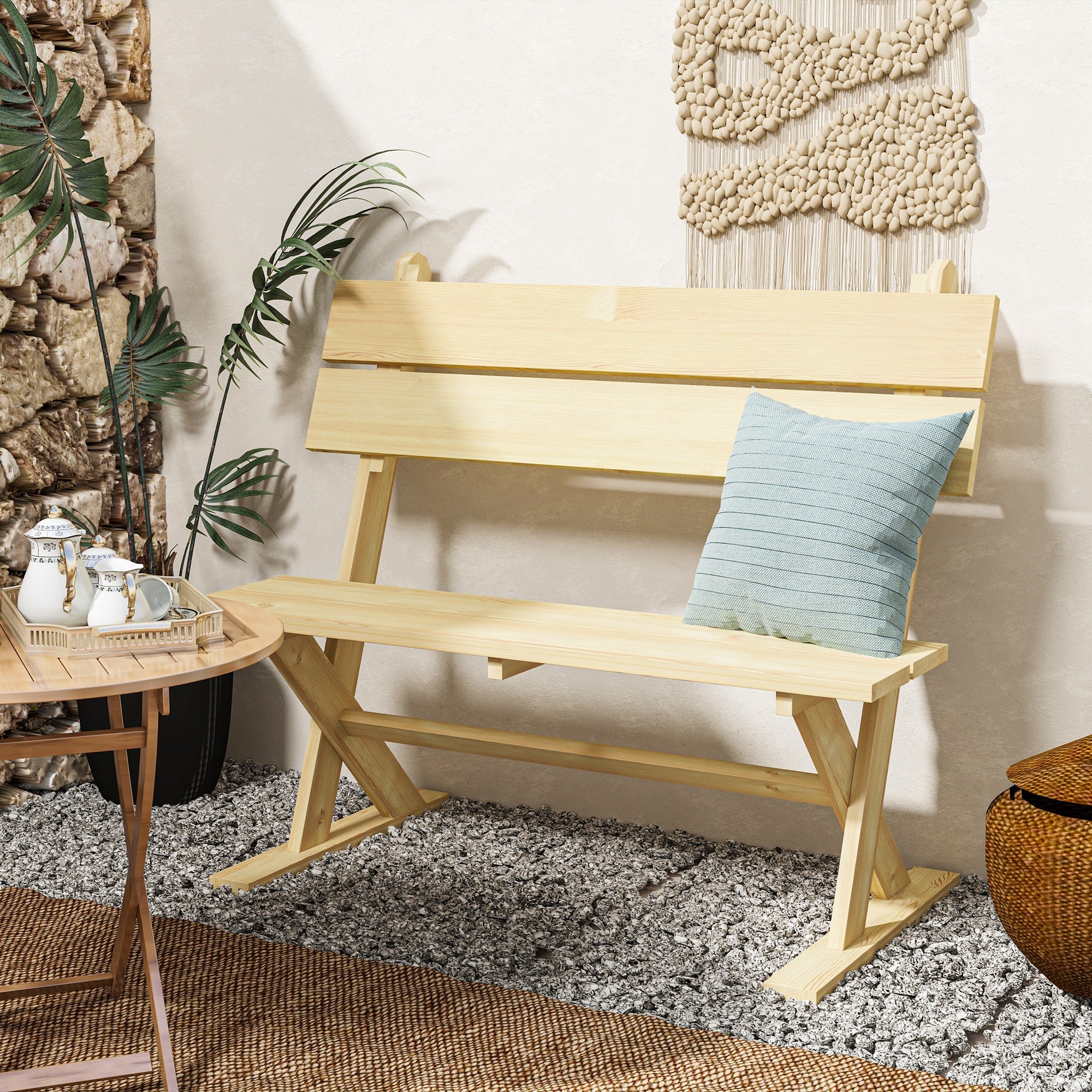 Outsunny 2 Seater Wooden Garden Bench Outdoor Loveseat with Back, Natural