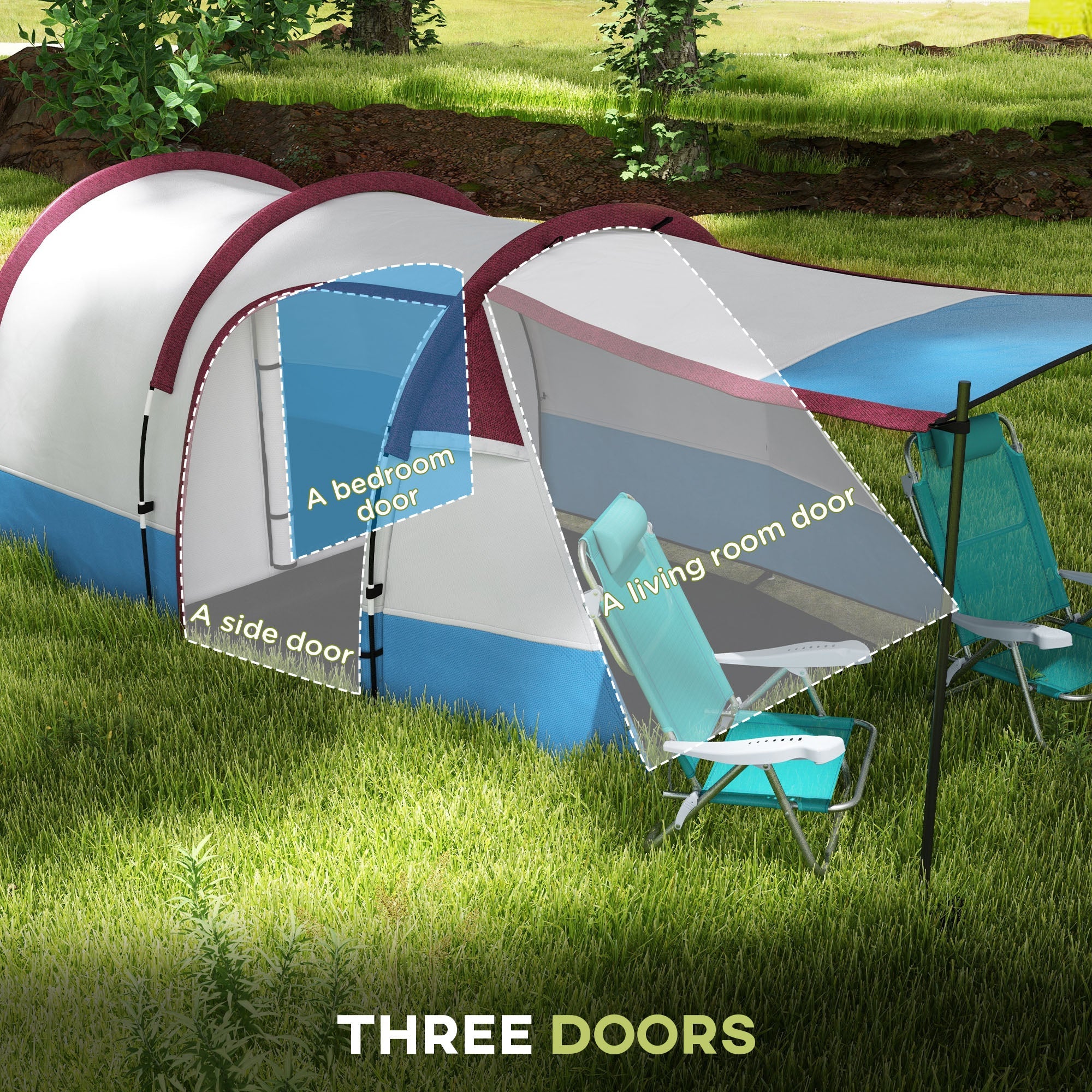 Outsunny 2-3 Man Camping Tunnel Tent with Bedroom and Living Room, Red
