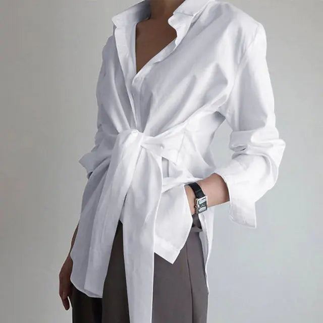 Chic Long Sleeve Ruched Tie Front Blouse for Women - Elegant Office Attire in Black, White, Blue
