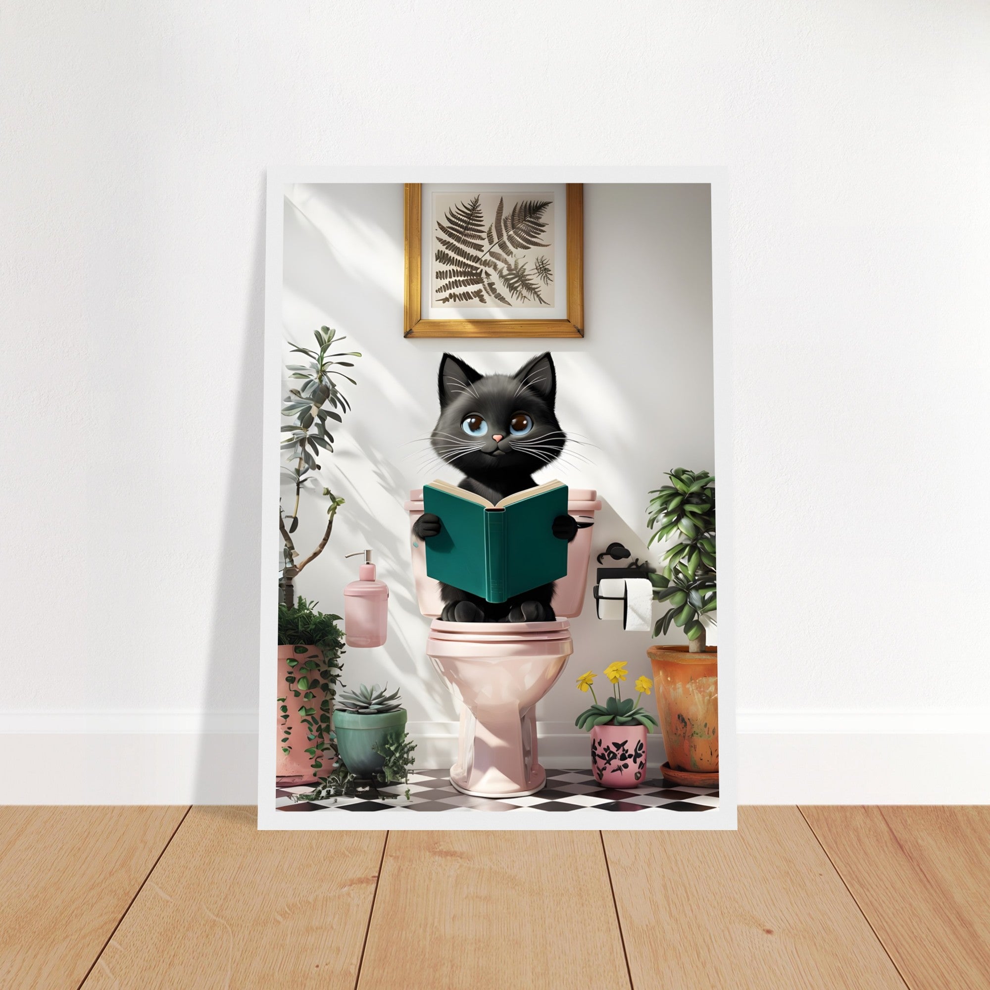 Framed Black Cat Poster – Quirky Bathroom Art with a Humorous Twist