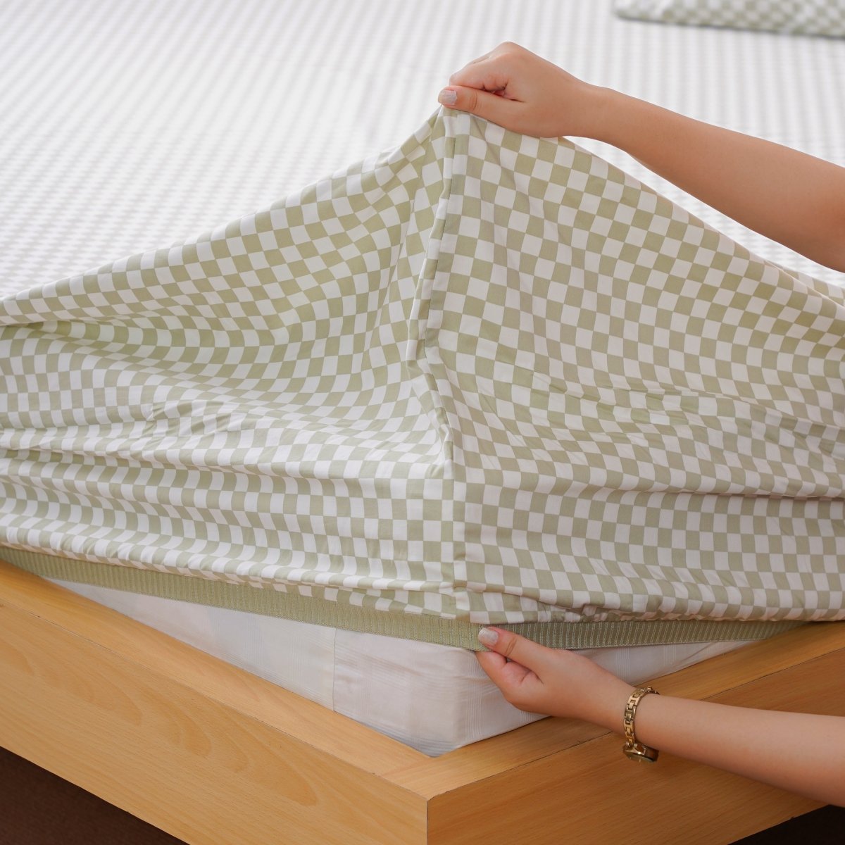 Ackly Bamboo - Sage Green Checkerboard Fitted Sheet - Zestio