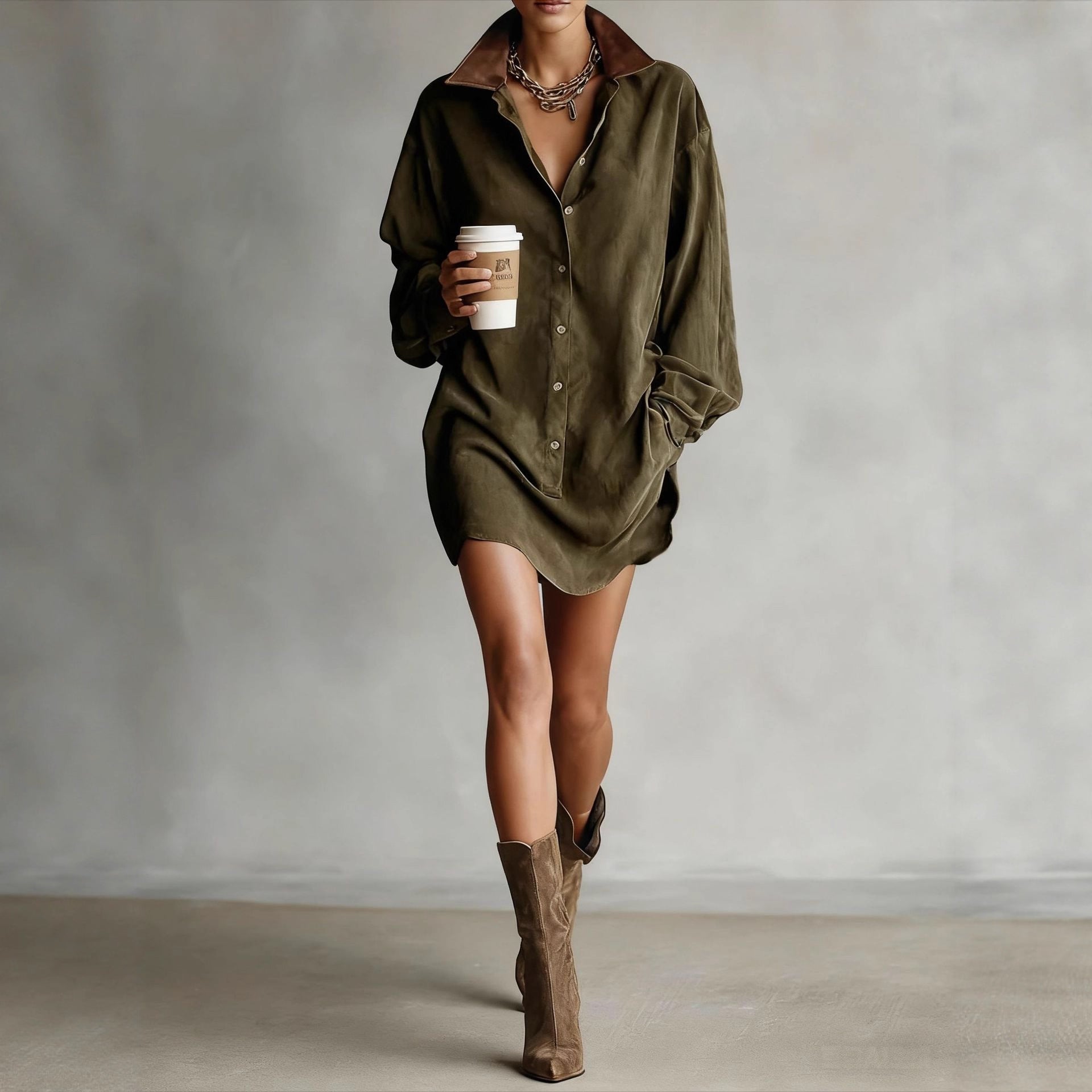 Women's Retro Loose-Fit French-Style Shirt Dress