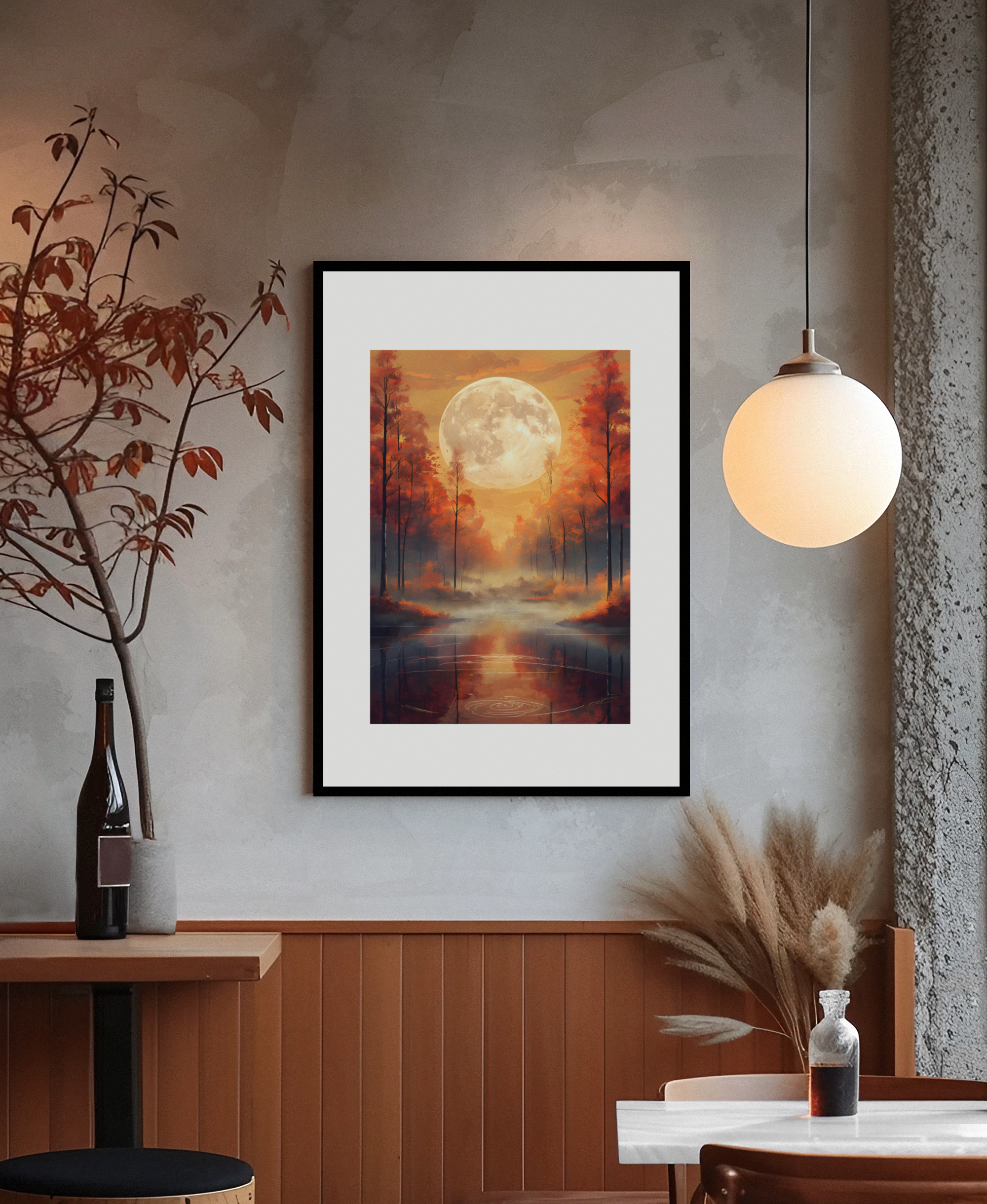 Experience the tranquility of nature with our "Serene Autumn Landscape with Luminous Full Moon" Art Poster