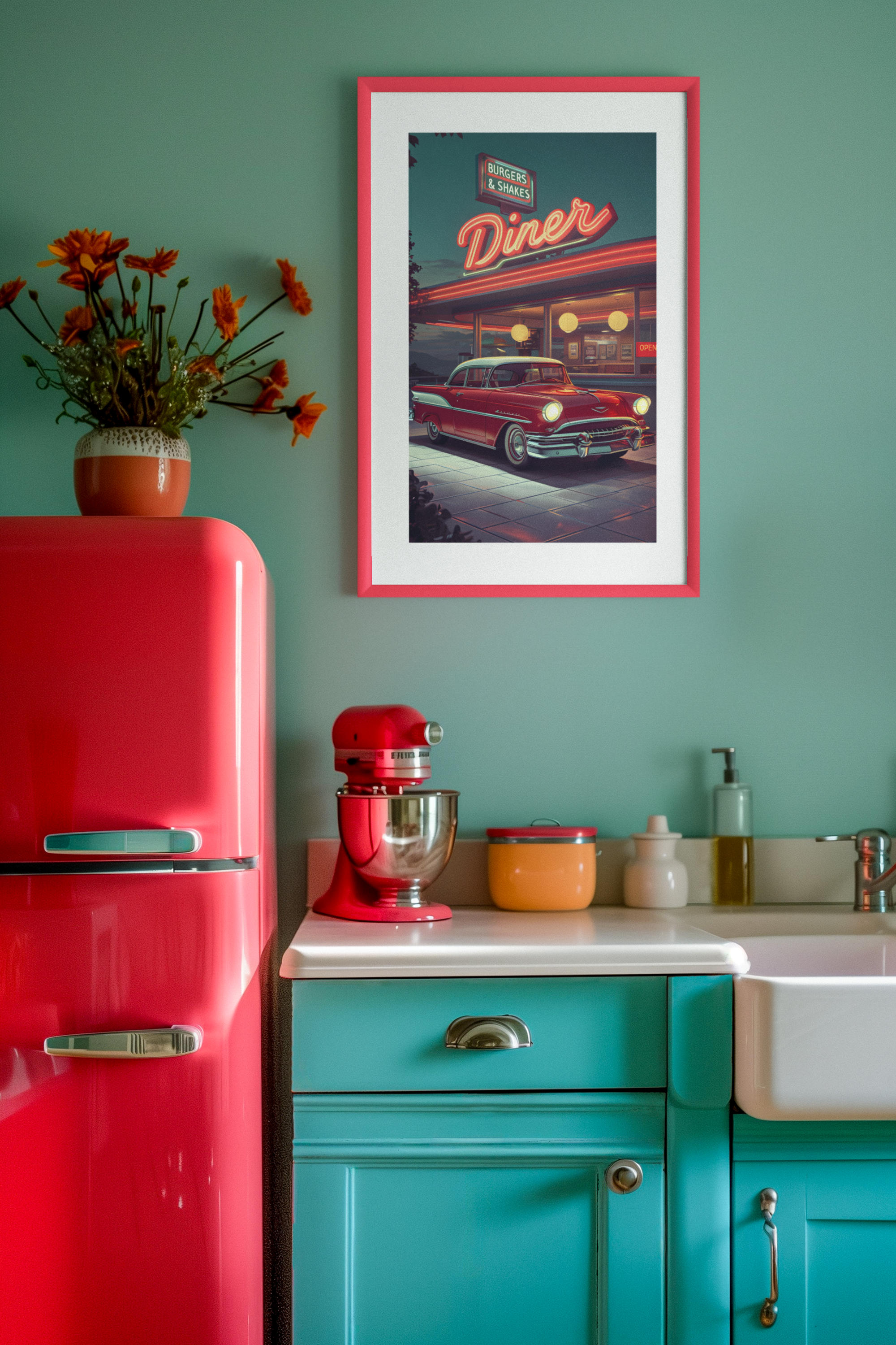 Vintage Red Car and Retro Diner Poster - Classic Americana Wall Art on Semi-Glossy Paper