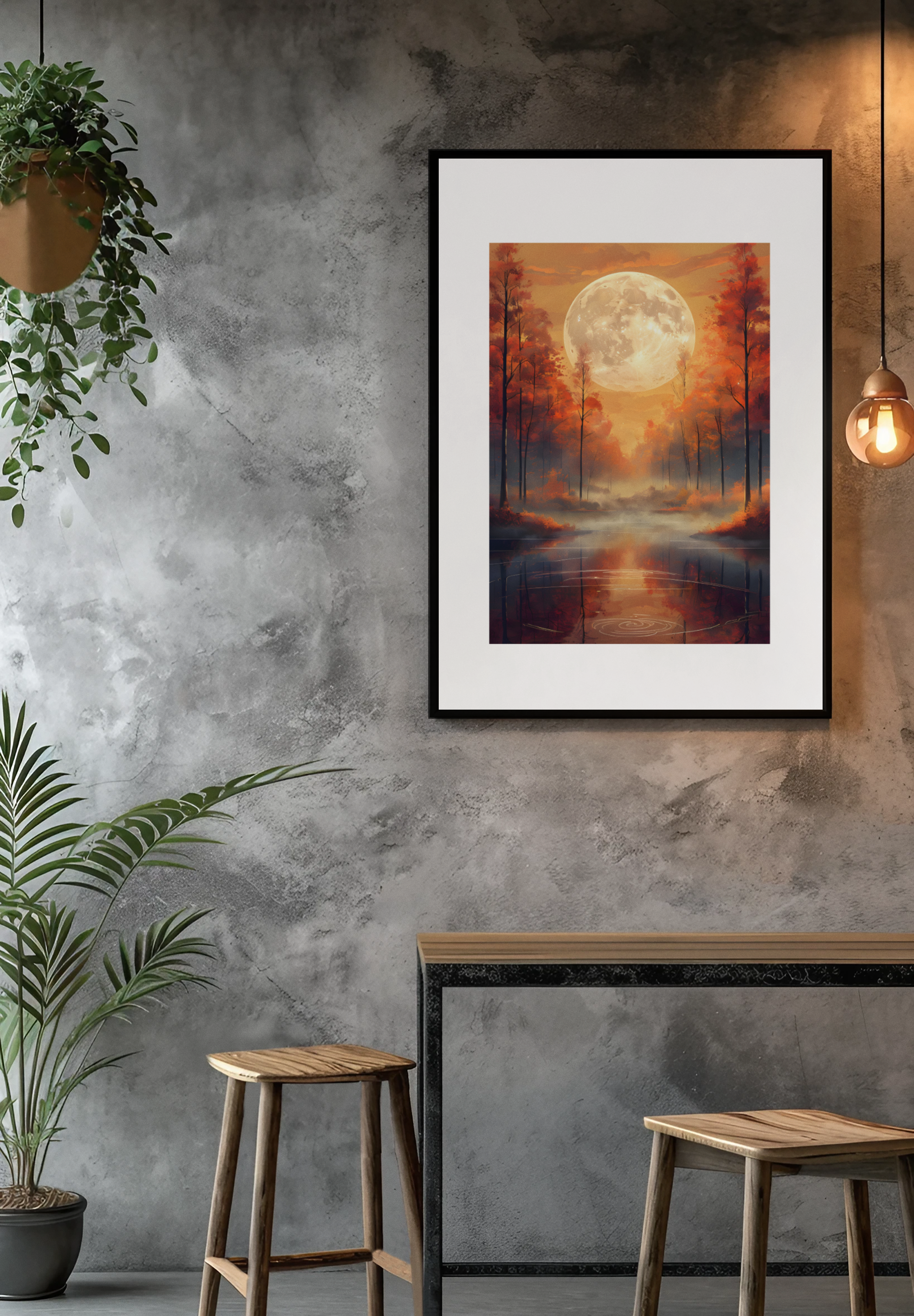 Experience the tranquility of nature with our "Serene Autumn Landscape with Luminous Full Moon" Art Poster