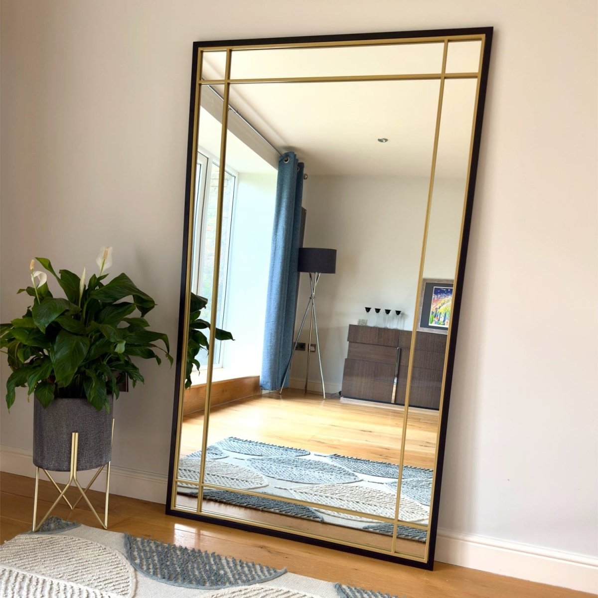 Aimi - Full Length Black & Gold Metal Rectangle Window Mirror - 180cm x 105cm. - Zestio