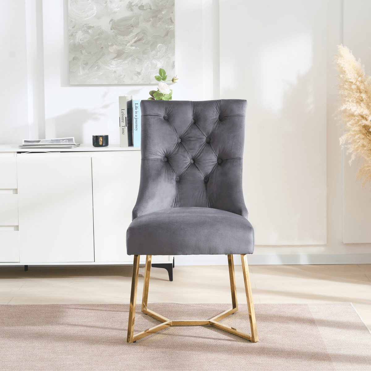 Ambra Velvet Dining Chair – Tufted Luxury Accent with Gold Legs & Ring Pull - Zestio