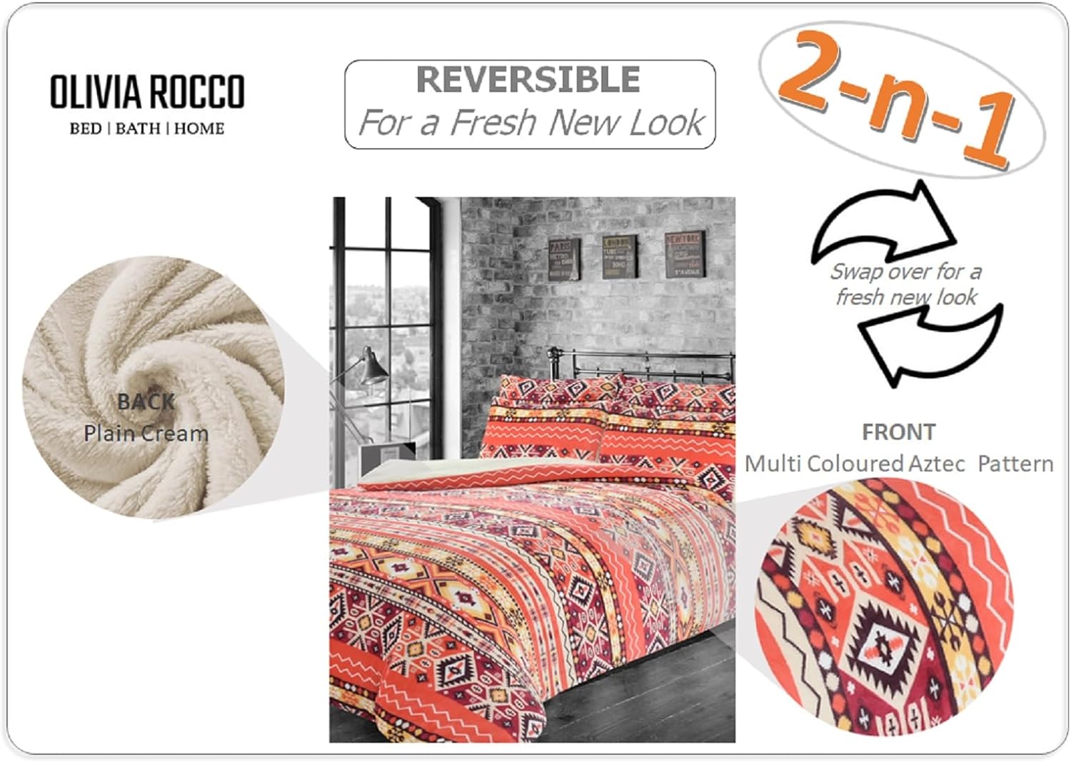 OLIVIA ROCCO Aztec Print Teddy Duvet Set With Reversible Sherpa Fleece Fur Luxurious Winter Comfort Single Double King Sizes