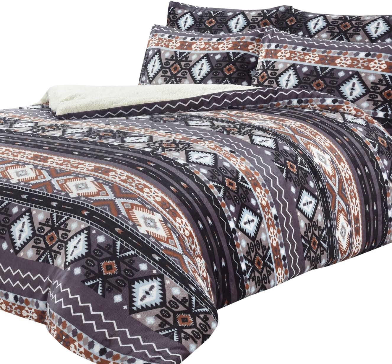 OLIVIA ROCCO Aztec Print Teddy Duvet Set With Reversible Sherpa Fleece Fur Luxurious Winter Comfort Single Double King Sizes