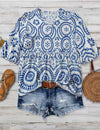 Women's Vintage-print Loose-fit V-neck Short-sleeve Blouse
