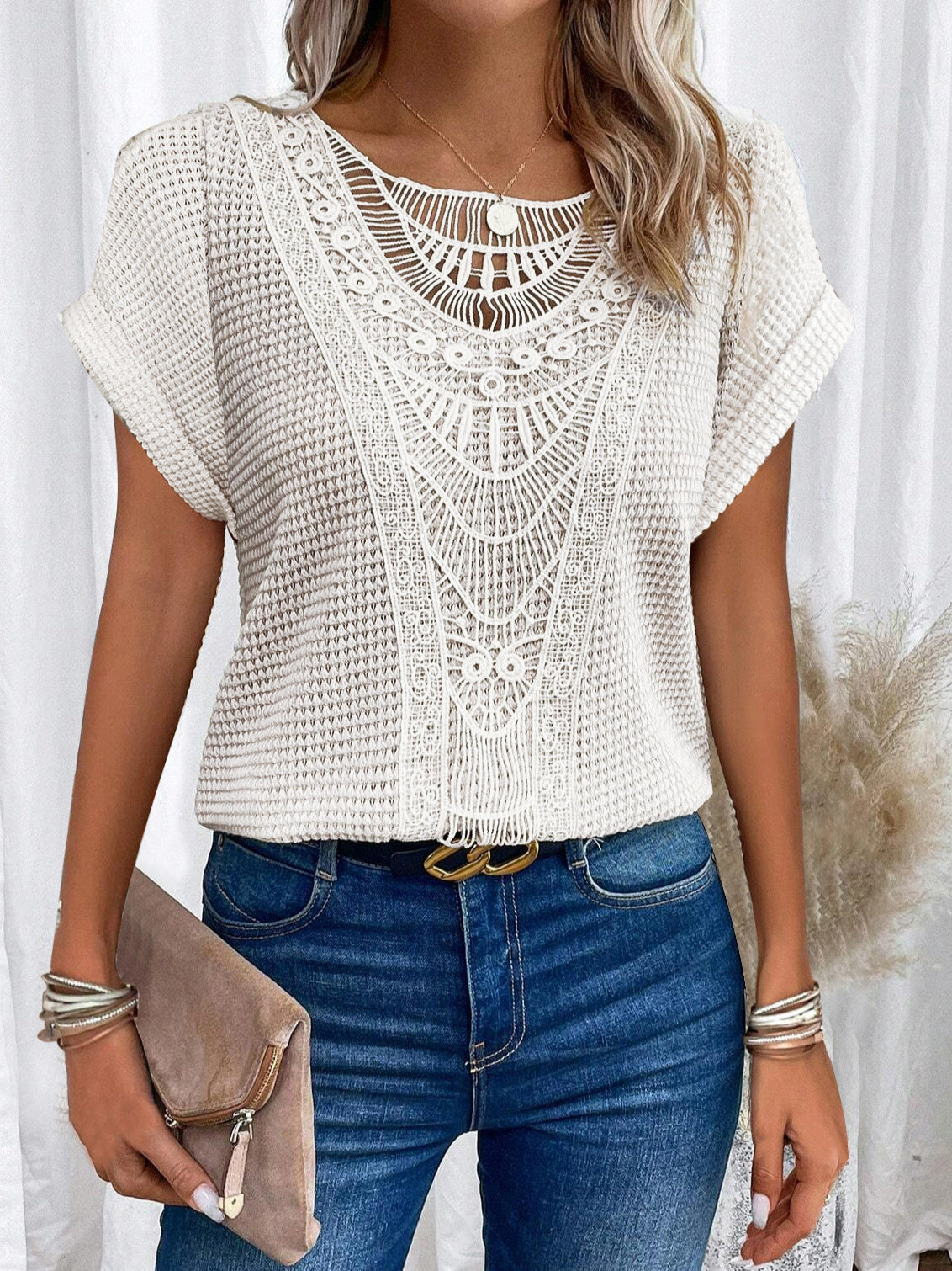 Summer Hollow Out Short-sleeved T-shirt Fashion Ethnic Style Tops Women's Clothing