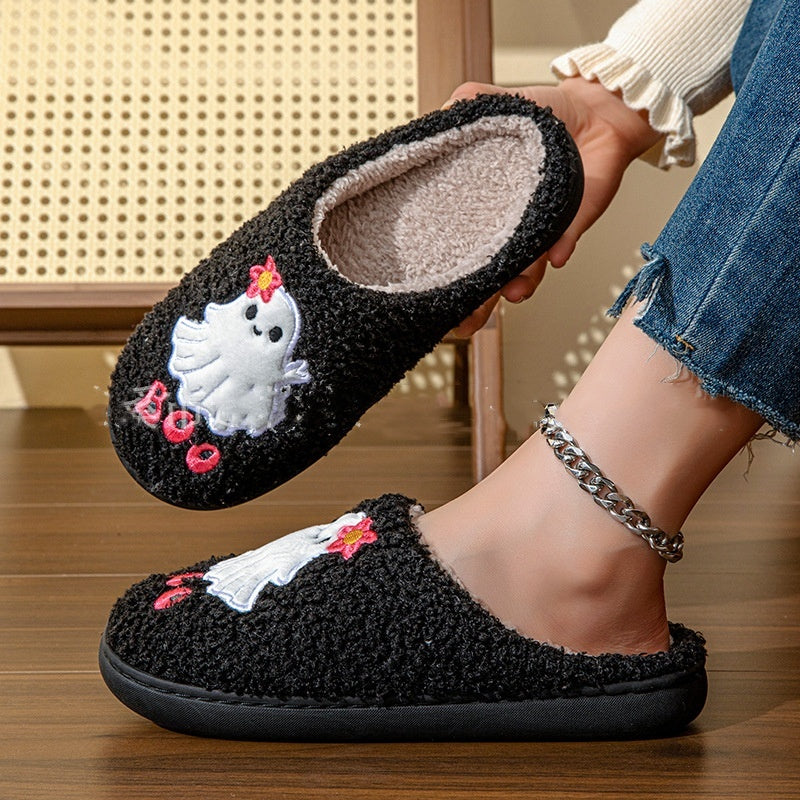 Plush Black Ghost Cartoon Slippers for Halloween - Unisex, Comfortable and Stylish Footwear