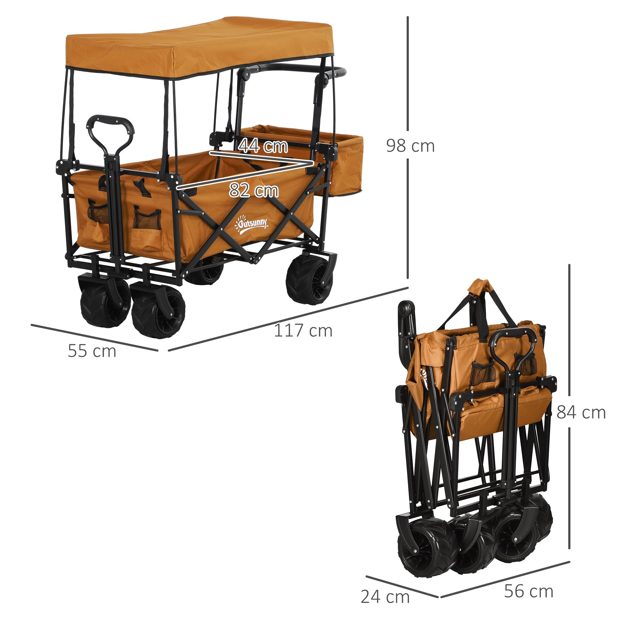 Outsunny Outdoor Push Pull Wagon Stroller Cart w/ Canopy Top Orange