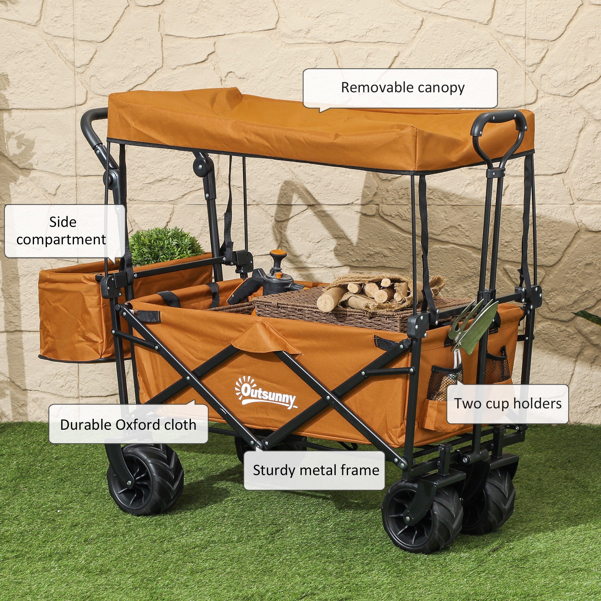 Outsunny Outdoor Push Pull Wagon Stroller Cart w/ Canopy Top Orange