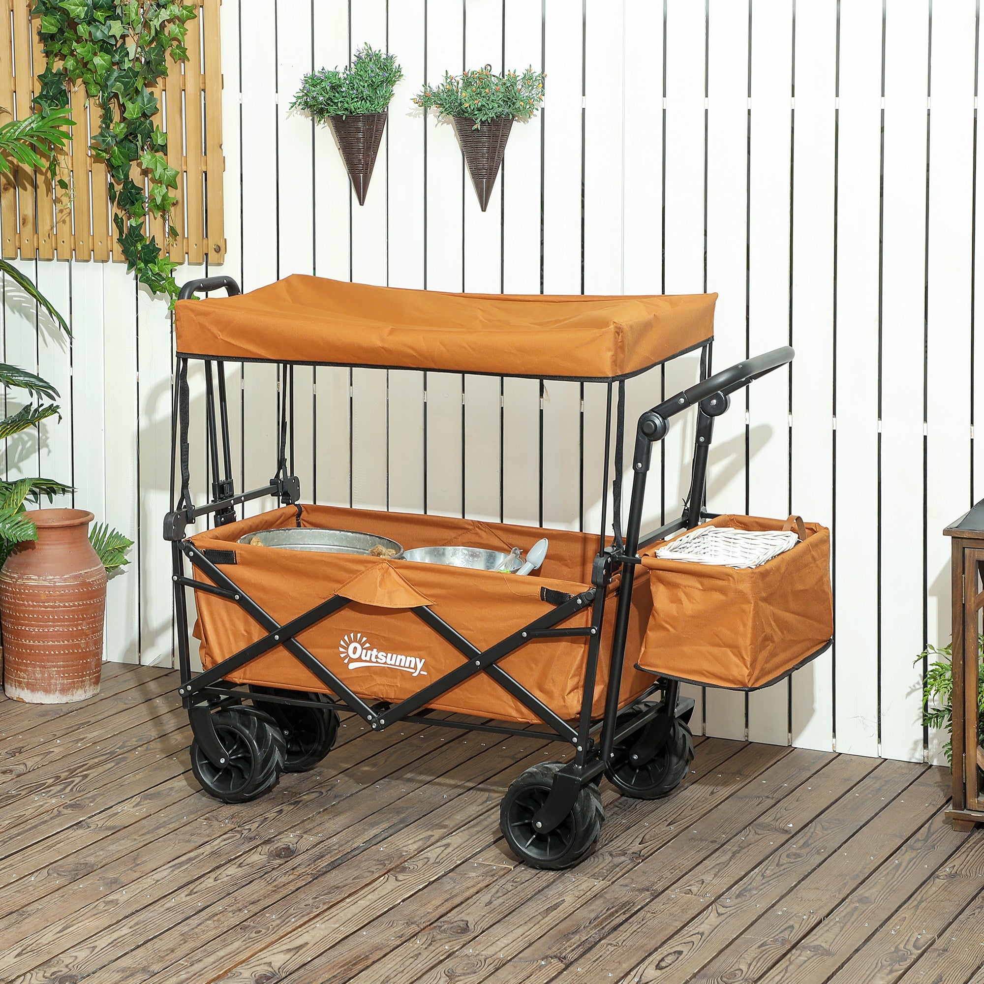 Outsunny Outdoor Push Pull Wagon Stroller Cart w/ Canopy Top Orange